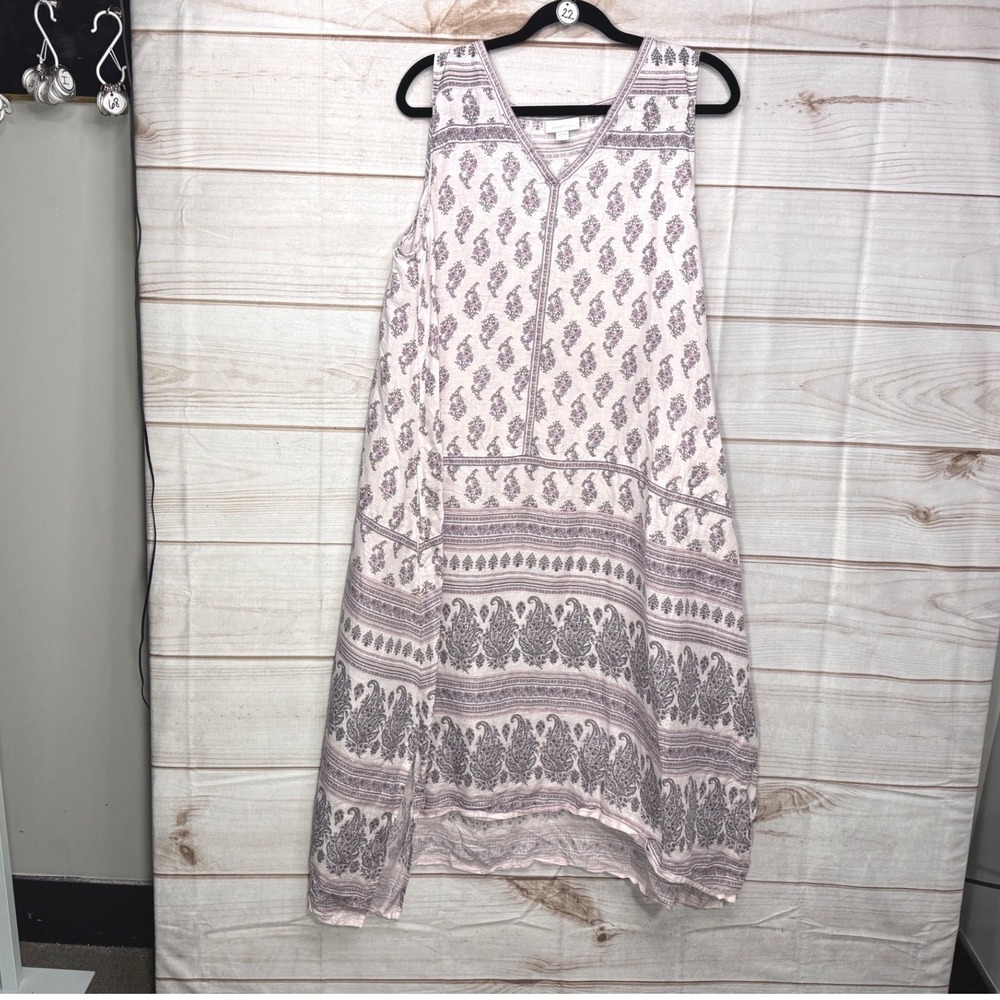 Pure Jill J. Jill Linen Paisley V-Neck Sleeveless Midi Shift Dress Pink Purple L